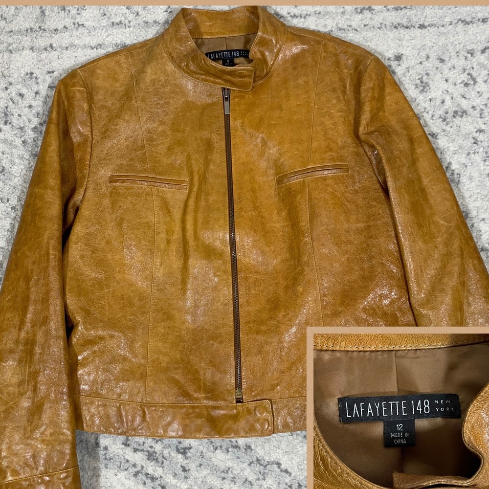 LAFAYETTE 148 NEW YORK Full‎ Zip Leather Moto Jacket Women's 12 Tan Brown EUC
